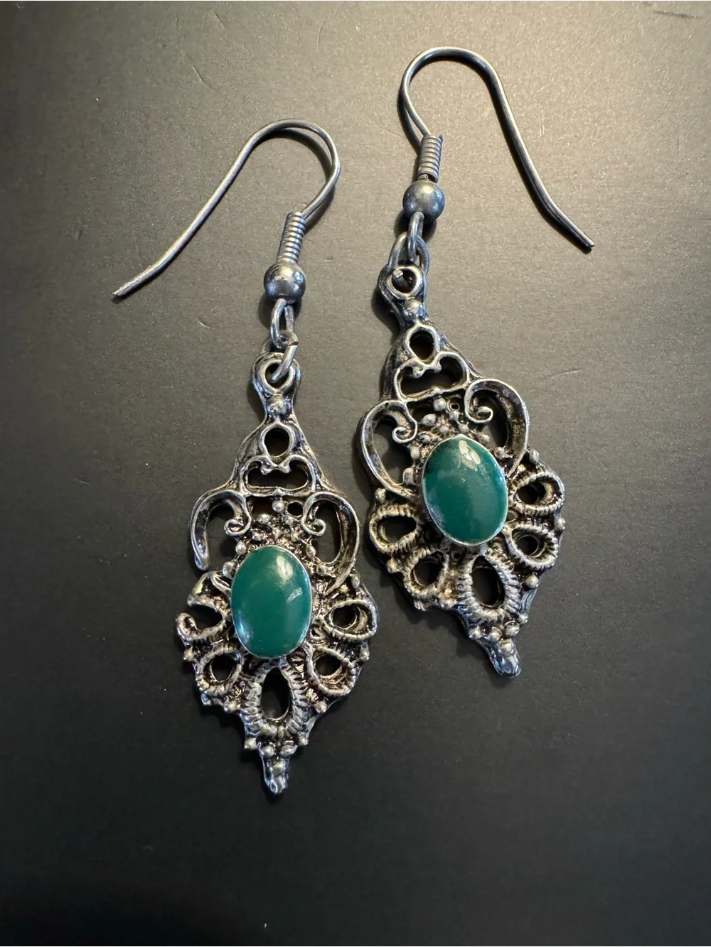 Ornate Silver Green Cabochon Filigree Dangle Earrings 2”